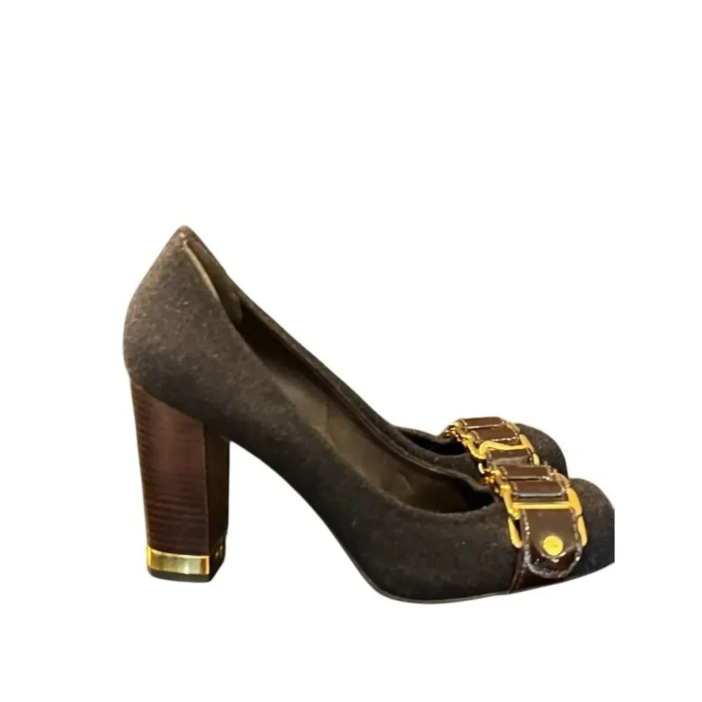 Tory Burch Size 7 M Black Flannel Stacked Heels Chain Link Pumps Shoes MSRP $298